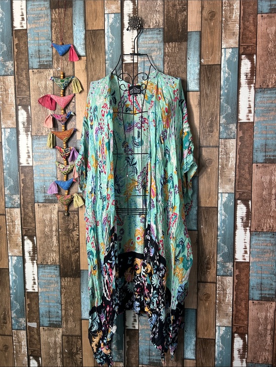 Angie Tops - Angie Mint Floral Open-Front Kimono Tunic with Black Border